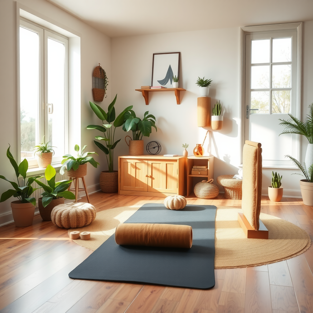 Cozy home yoga space with mat, props, plants, and natural light creating peaceful practice environment