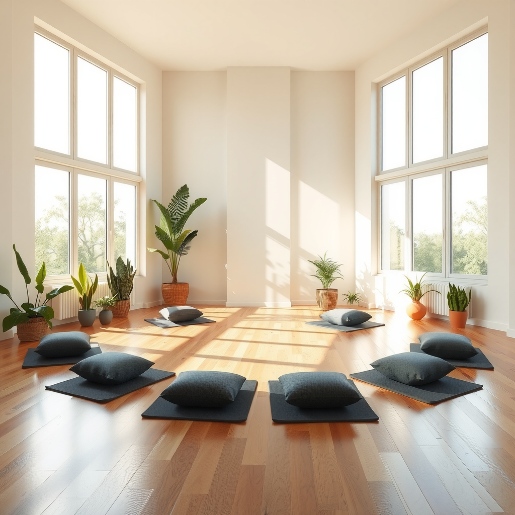 Serene yoga studio with natural light streaming through large windows, wooden floors, plants, and meditation cushions arranged in a peaceful circle