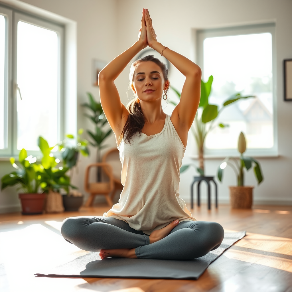 Woman practicing yoga in a peaceful home setting with natural light streaming through windows, minimal decor, yoga mat on wooden floor, plants in background, serene atmosphere