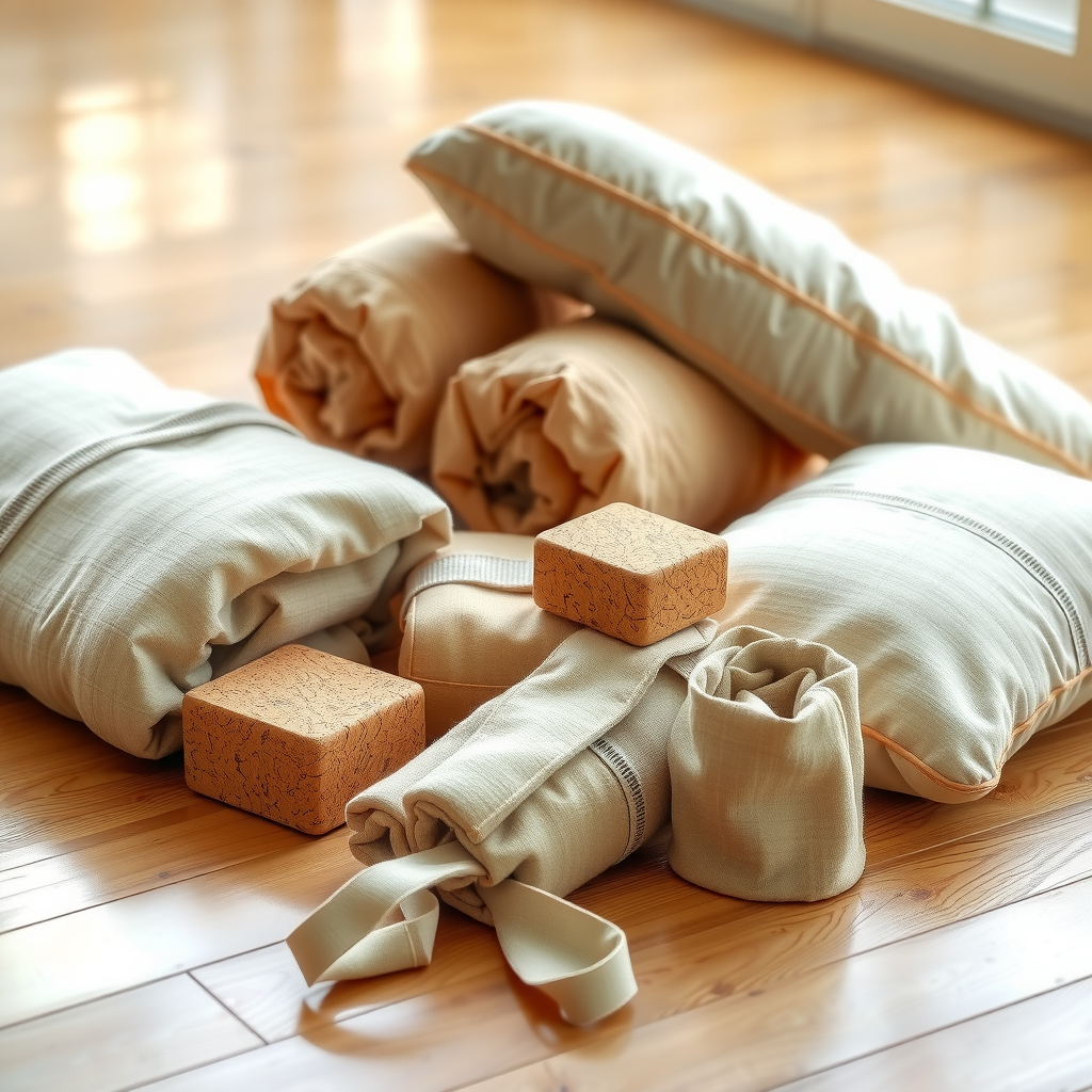 Beautifully arranged collection of restorative yoga props including soft bolsters, folded blankets, cork blocks, and cotton straps on a warm wooden floor with natural lighting