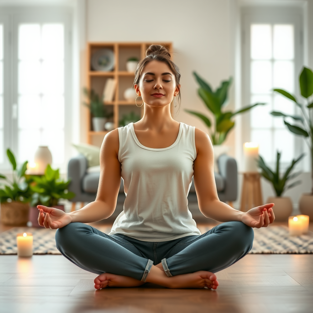 Woman sitting in lotus position meditating peacefully with eyes closed, surrounded by candles and plants in a serene home setting
