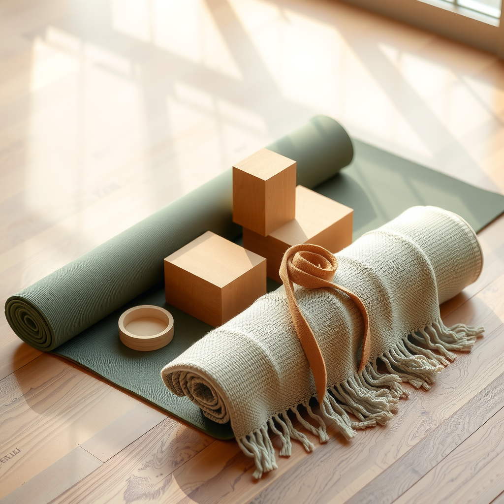 Yoga props arranged neatly on wooden floor: yoga mat, blocks, strap, bolster, blanket, natural light, peaceful composition, earth tones