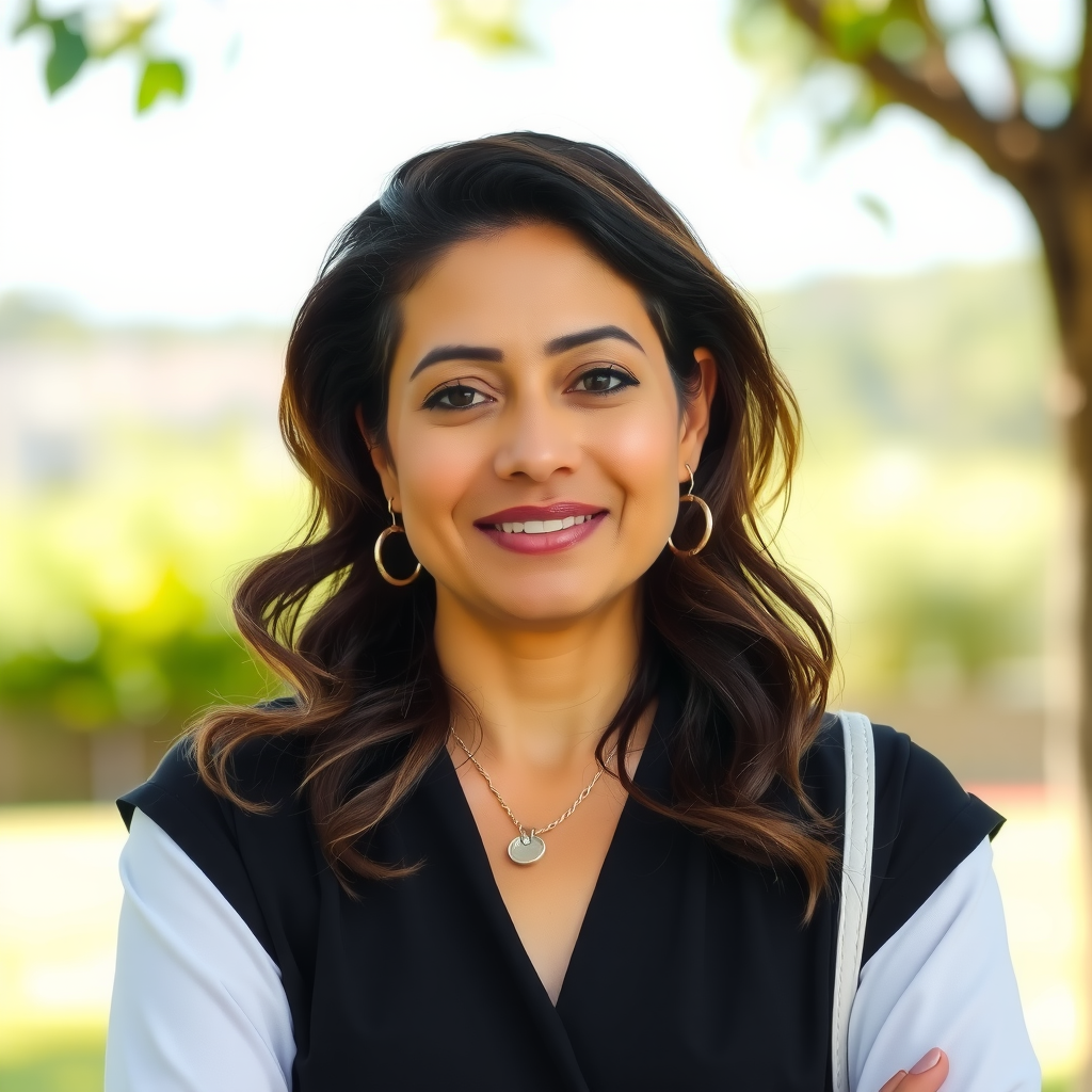 Professional portrait of Maya Patel, meditation instructor with peaceful expression in natural outdoor setting