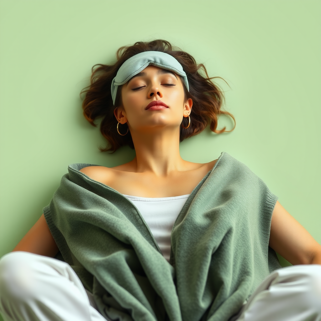 Woman in supported restorative yoga pose with blankets and eye pillow in peaceful sage green environment embodying deep rest