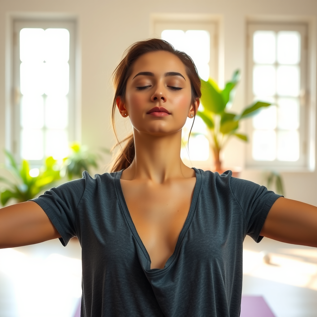 Woman in a gentle yoga pose practicing Ujjayi breathing with eyes closed and focused expression, natural light streaming through windows in a peaceful yoga studio with plants