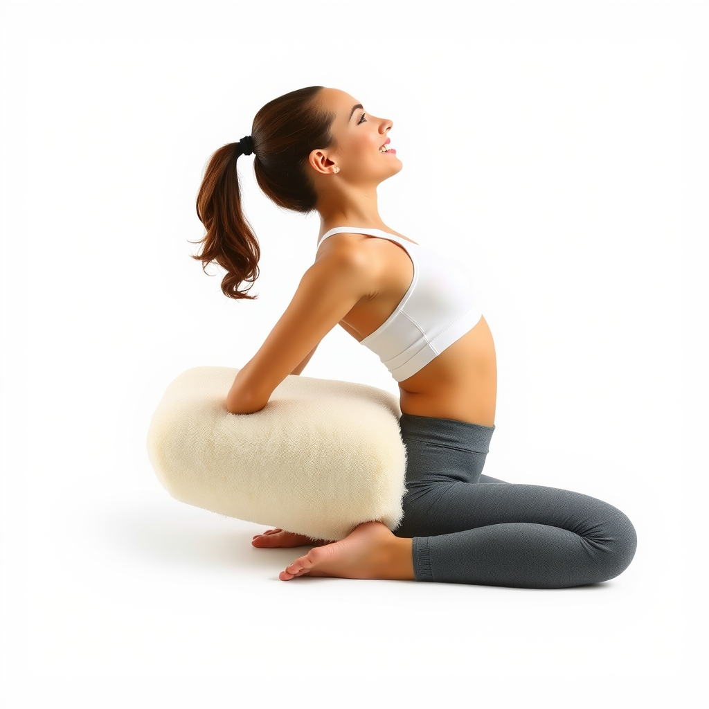 Side view of woman in supported child's pose with bolster lengthwise under torso, knees wide, head turned to side, showing proper alignment and prop placement