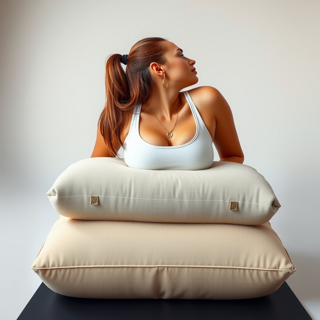 Woman in supported forward fold with bolster stacked on extended legs, torso resting completely on props, head turned to side, showing complete relaxation and proper prop support