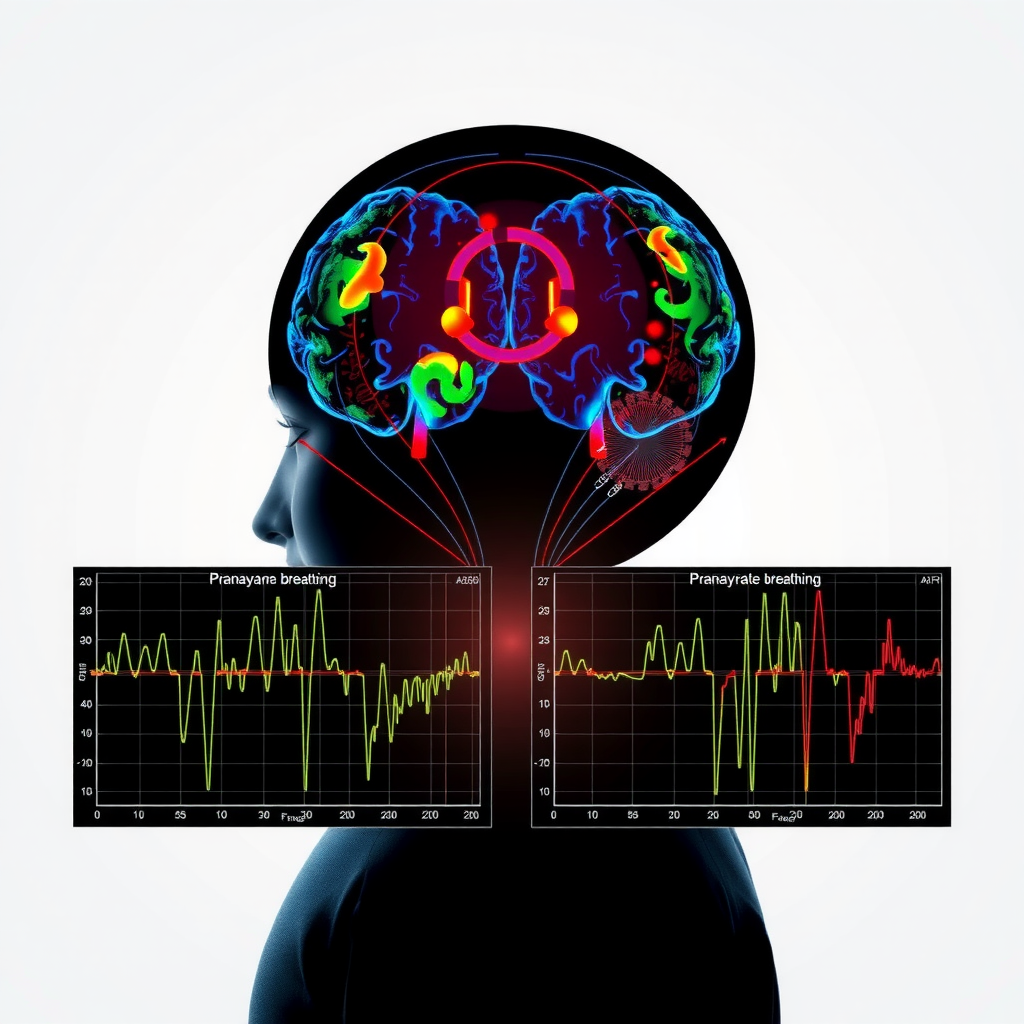 Scientific visualization showing brain activity scans and heart rate variability graphs demonstrating the effects of pranayama breathing on the nervous system, presented in calming educational style