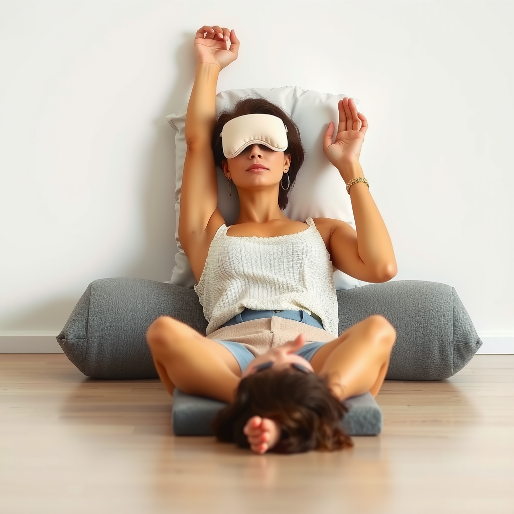 Woman lying on floor with legs resting up against wall, hips elevated on bolster, arms relaxed at sides with palms up, eye pillow on eyes, in peaceful room with soft lighting