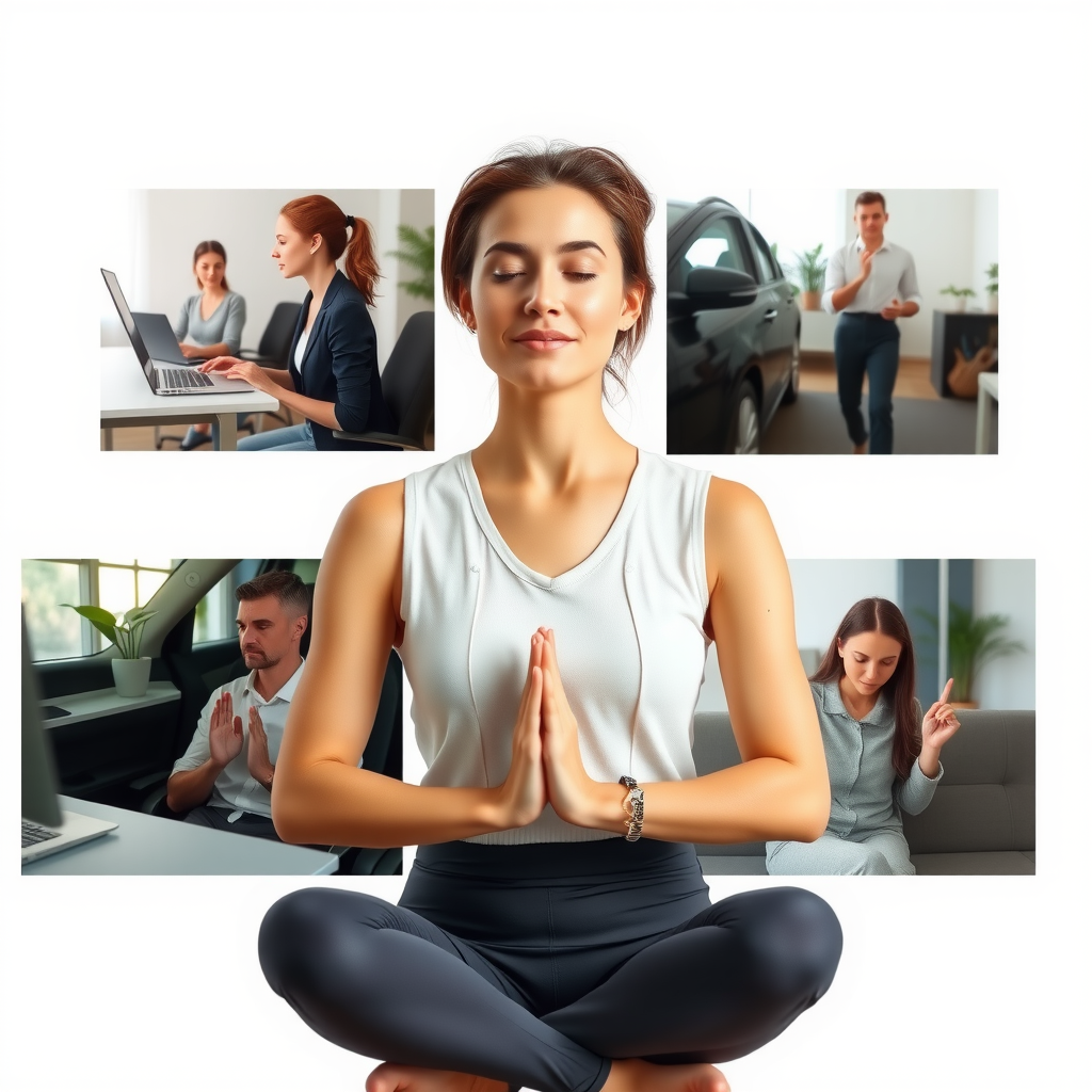 Collage-style image showing a woman practicing breathing exercises in different daily settings: at her desk, in her car, before bed, and during a work break, demonstrating the versatility of pranayama practice