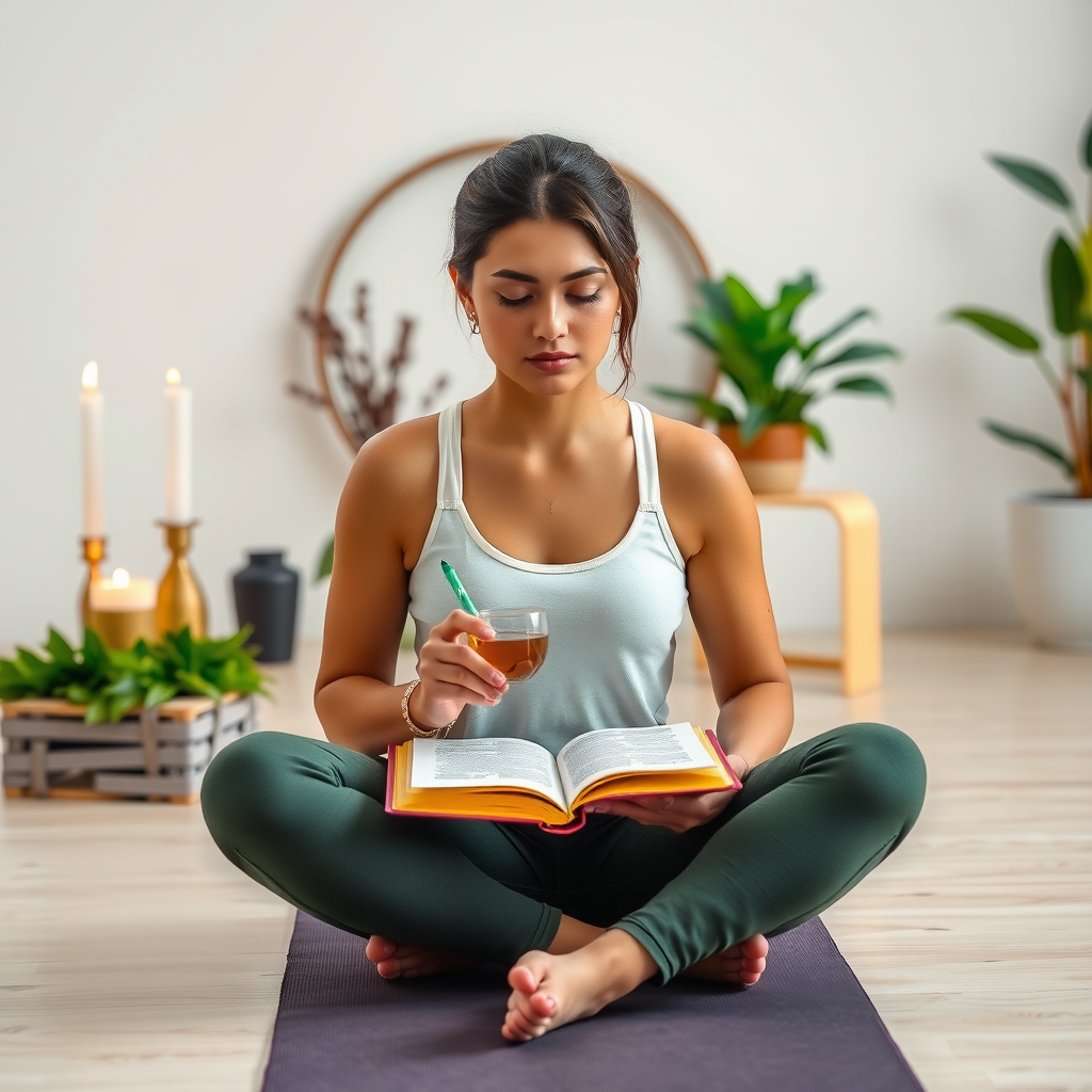 Woman sitting peacefully on yoga mat with journal and pen, cup of herbal tea beside her, lit candles and plants in background, capturing post-practice reflection and self-care
